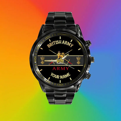 Montre personnalisée en acier inoxydable noir pour soldat/vétéran britannique avec nom et grade - 0703240001 - Version dorée