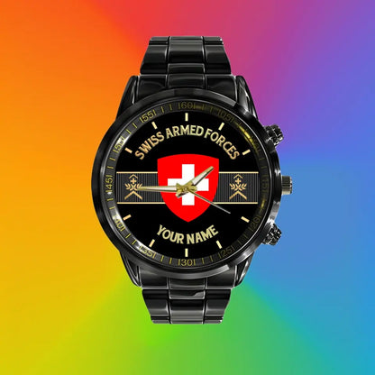 Montre personnalisée en acier inoxydable noir pour soldat/vétéran suisse avec nom et grade - 0703240001 - Version dorée