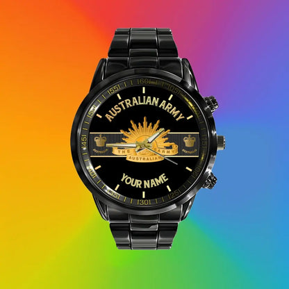 Personalized Australian Soldier/ Veteran With Name And Rank Black Stainless Steel Watch - 17097696 - Gold Version