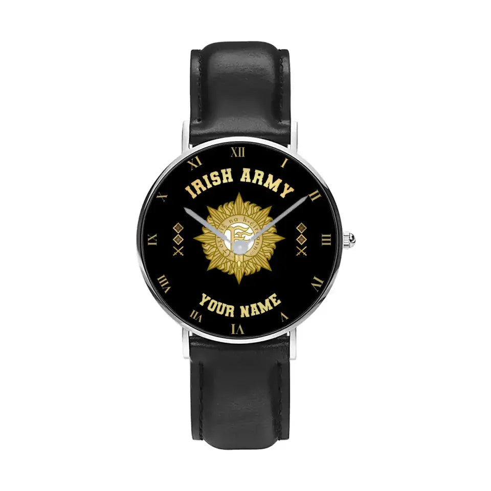Personalized Ireland Soldier/ Veteran With Name And Rank Black Stitched Leather Watch - 17098560 - Gold Version