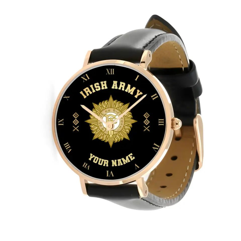 Personalized Ireland Soldier/ Veteran With Name And Rank Black Stitched Leather Watch - 17098560 - Gold Version
