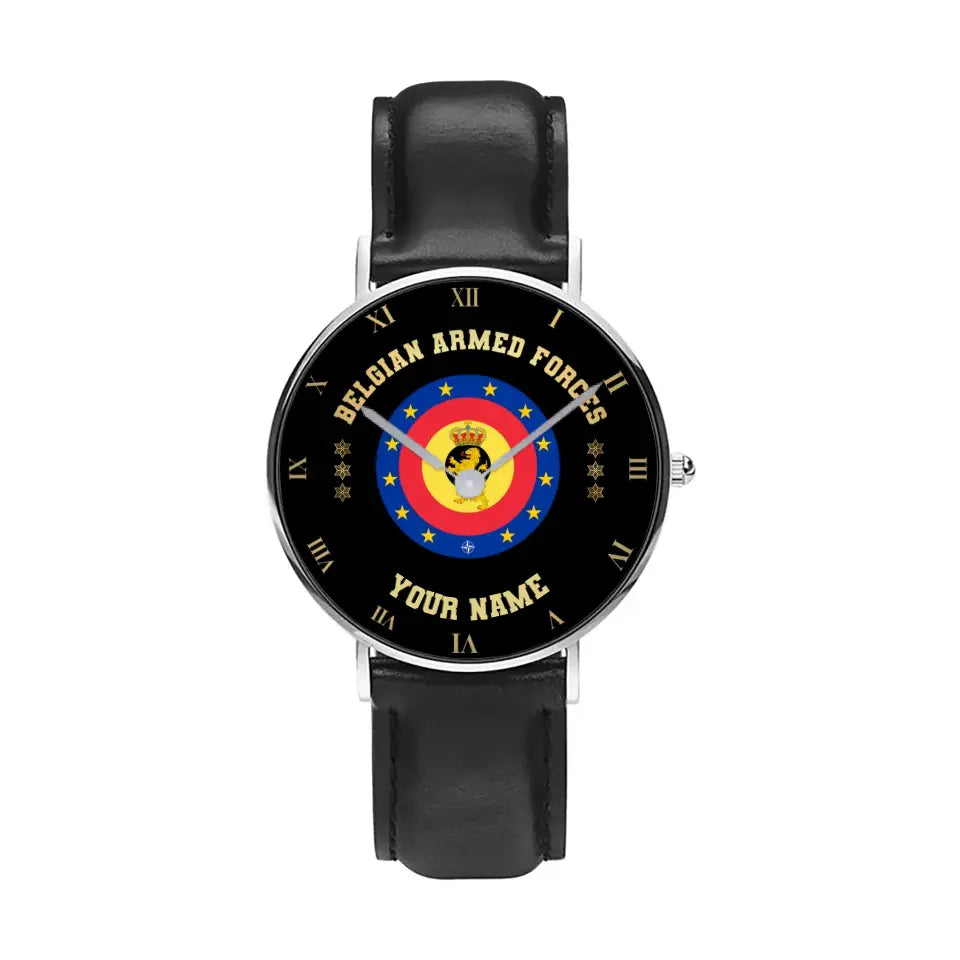 Personalized Belgium Soldier/ Veteran With Name And Rank Black Stitched Leather Watch - 17098560 - Gold Version