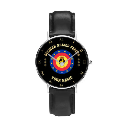 Personalized Belgium Soldier/ Veteran With Name And Rank Black Stitched Leather Watch - 17098560 - Gold Version