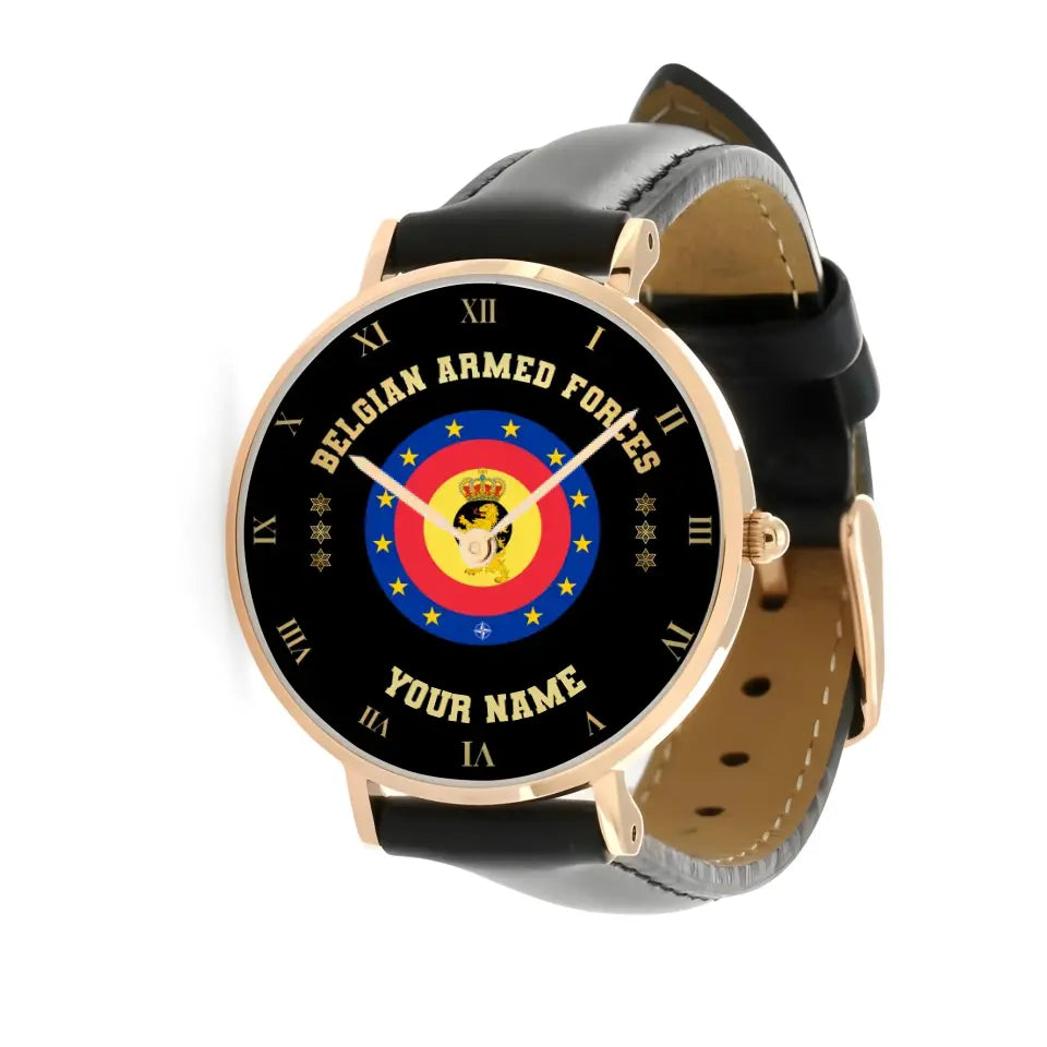 Personalized Belgium Soldier/ Veteran With Name And Rank Black Stitched Leather Watch - 17098560 - Gold Version