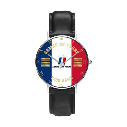 Personalized France Soldier/ Veteran With Name And Rank Black Stitched Leather Watch - 17098560 - Gold Version
