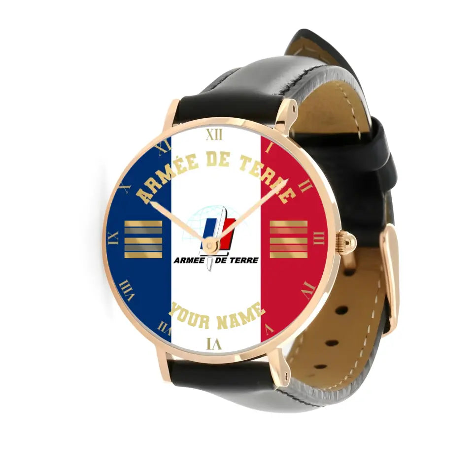 Personalized France Soldier/ Veteran With Name And Rank Black Stitched Leather Watch - 17098560 - Gold Version