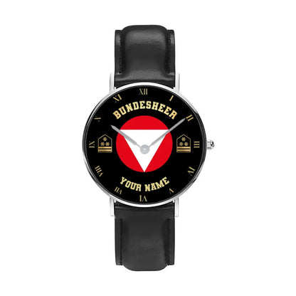 Personalized Austrian Soldier/ Veteran With Name And Rank Black Stitched Leather Watch - 17098560 - Gold Version