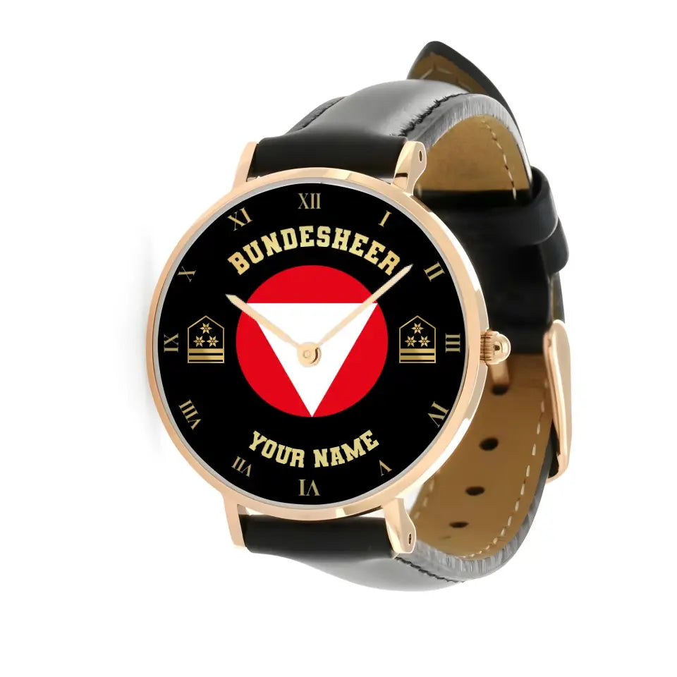 Personalized Austrian Soldier/ Veteran With Name And Rank Black Stitched Leather Watch - 17098560 - Gold Version