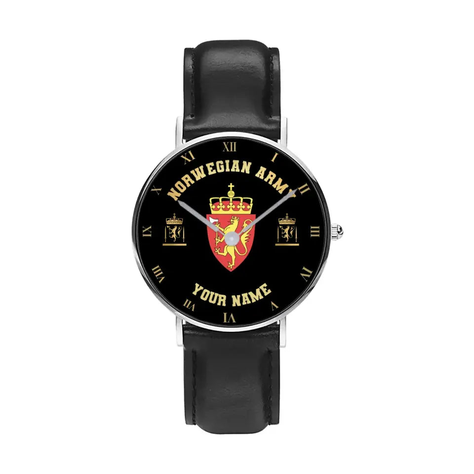 Personalized Norway Soldier/ Veteran With Name And Rank Black Stitched Leather Watch - 0803240001 - Gold Version
