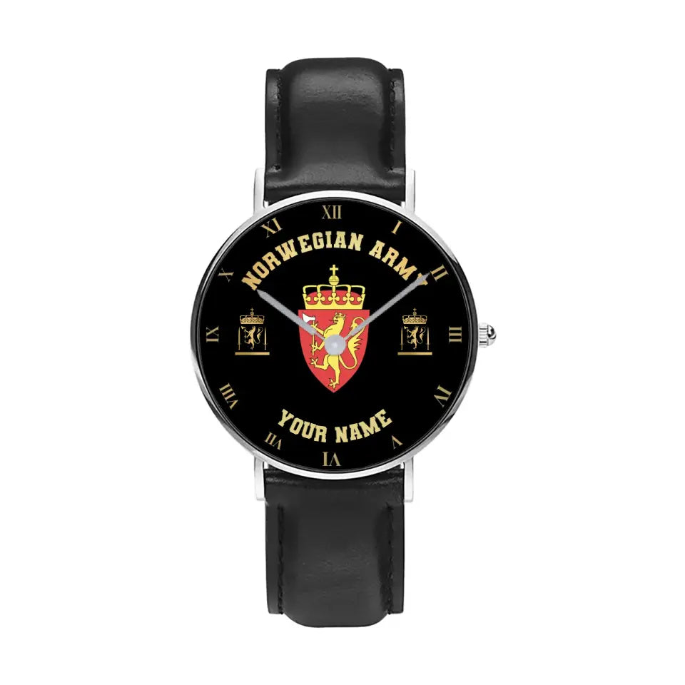 Personalized Norway Soldier/ Veteran With Name And Rank Black Stitched Leather Watch - 17098560 - Gold Version