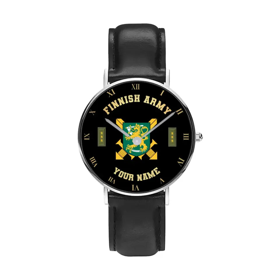 Personalized Finland Soldier/ Veteran With Name And Rank Black Stitched Leather Watch - 17098560 - Gold Version
