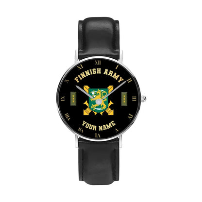 Personalized Finland Soldier/ Veteran With Name And Rank Black Stitched Leather Watch - 17098560 - Gold Version
