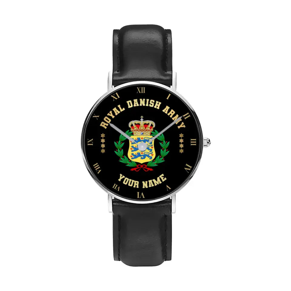 Personalized Denmark Soldier/ Veteran With Name And Rank Black Stitched Leather Watch - 17098560 - Gold Version
