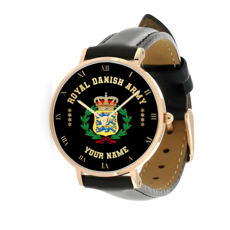 Personalized Denmark Soldier/ Veteran With Name And Rank Black Stitched Leather Watch - 17098560 - Gold Version