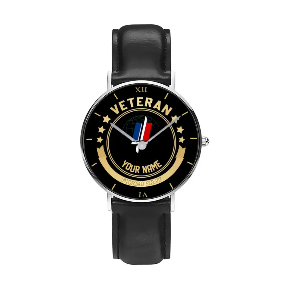Personalized France Soldier/ Veteran With Name Black Stitched Leather Watch - 17101152 - Gold Version