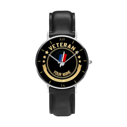 Personalized France Soldier/ Veteran With Name Black Stitched Leather Watch - 17101152 - Gold Version