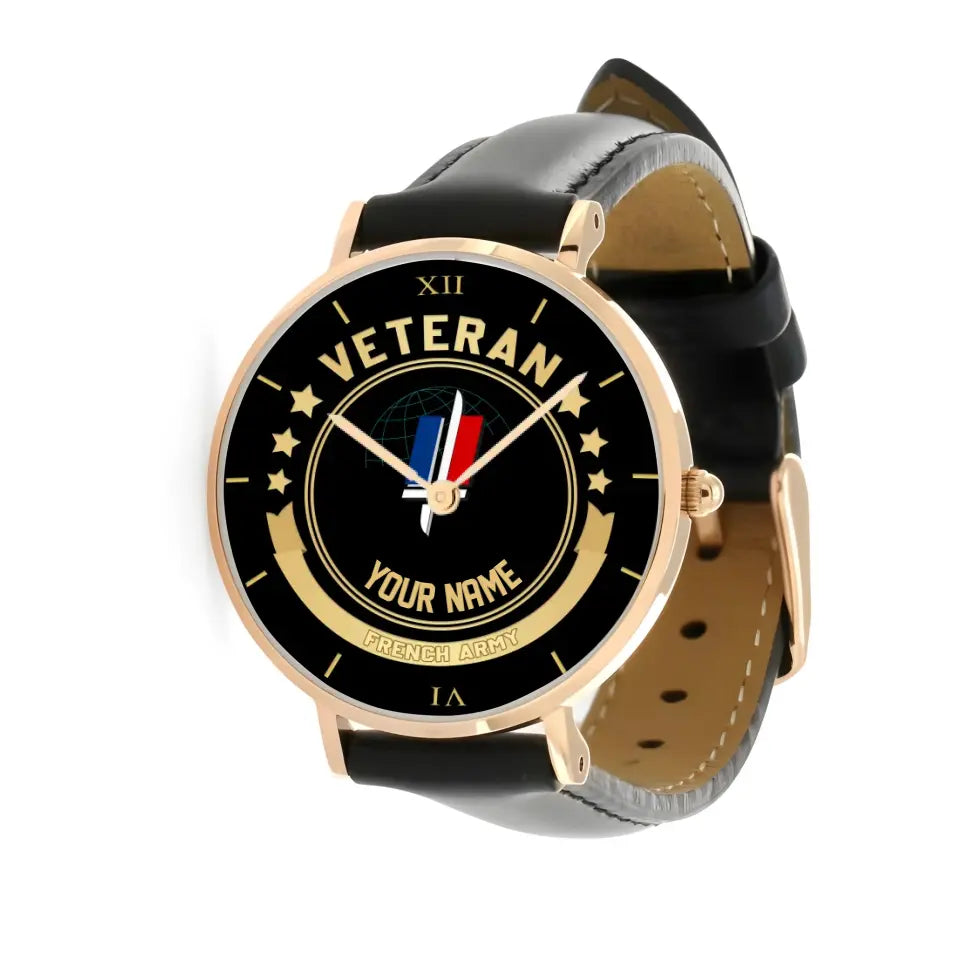 Personalized France Soldier/ Veteran With Name Black Stitched Leather Watch - 17101152 - Gold Version