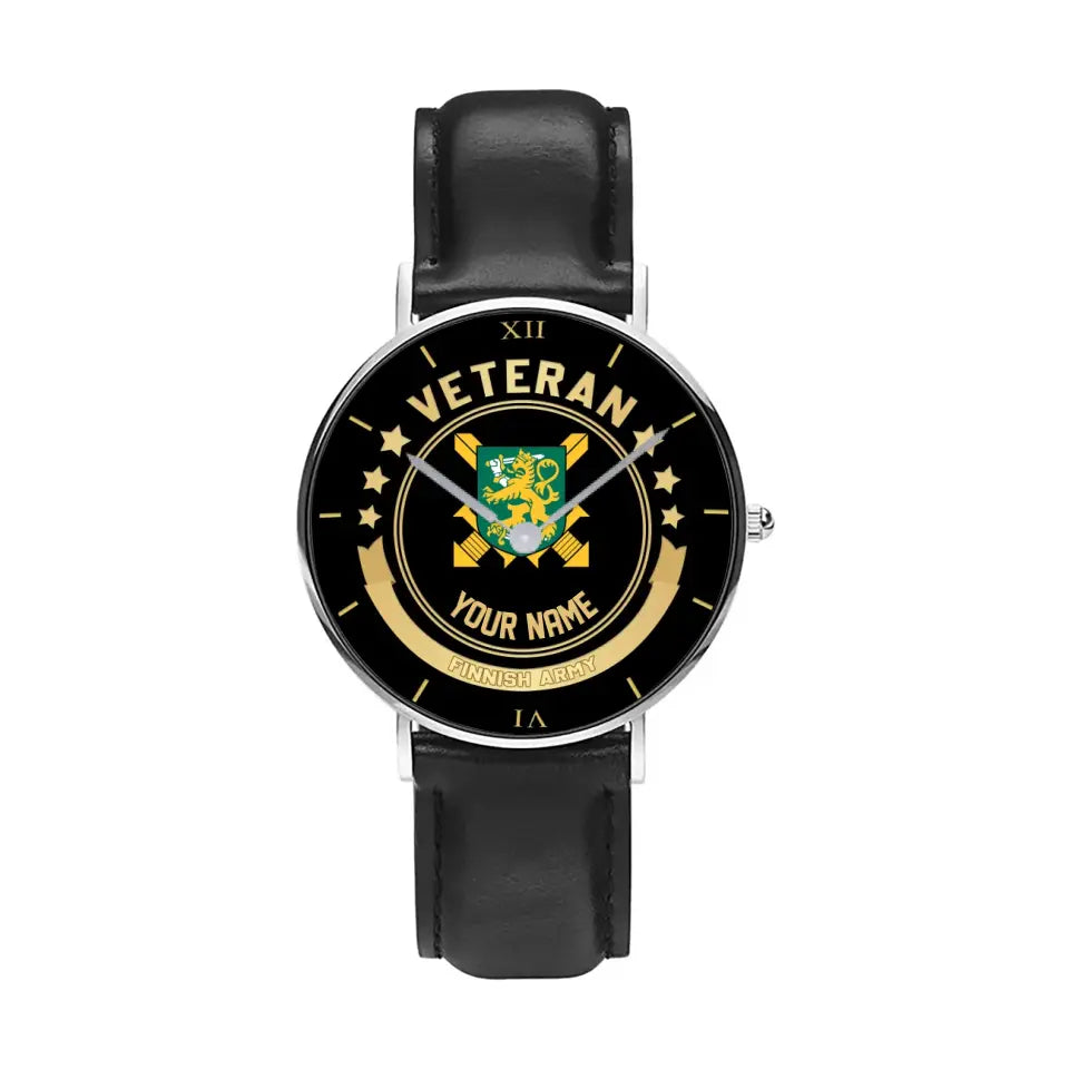 Personalized Finland Soldier/ Veteran With Name Black Stitched Leather Watch - 17101152 - Gold Version