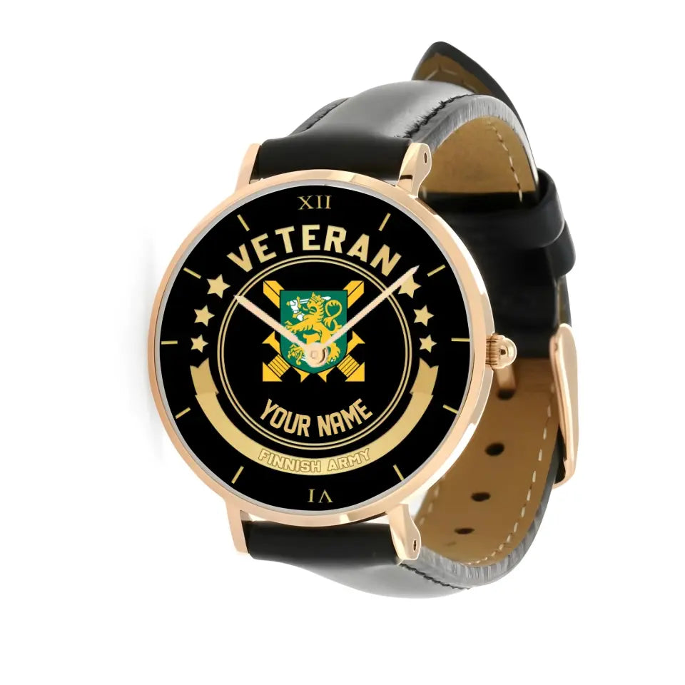 Personalized Finland Soldier/ Veteran With Name Black Stitched Leather Watch - 17101152 - Gold Version