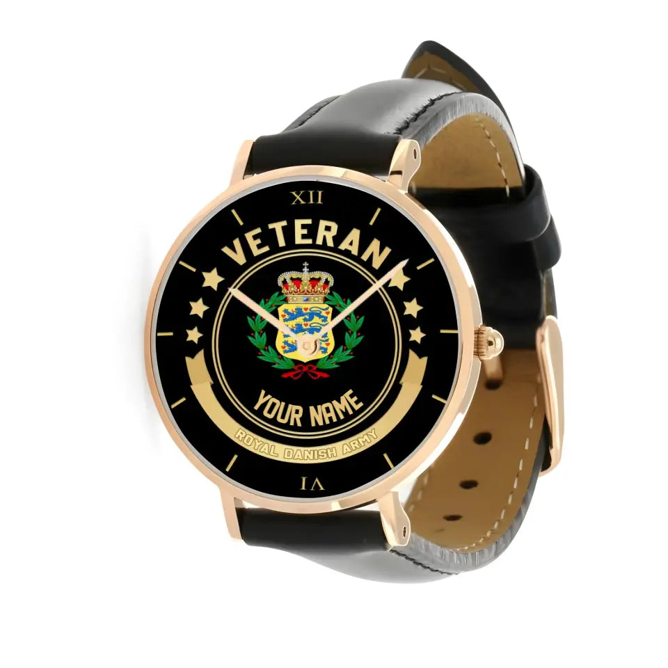Personalized Denmark Soldier/ Veteran With Name Black Stitched Leather Watch - 17101152 - Gold Version