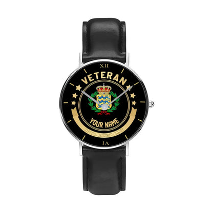 Personalized Denmark Soldier/ Veteran With Name Black Stitched Leather Watch - 17101152 - Gold Version