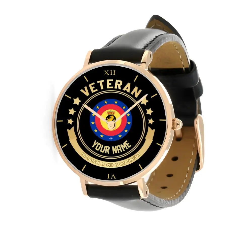 Personalized Belgium Soldier/ Veteran With Name Black Stitched Leather Watch - 17101152 - Gold Version