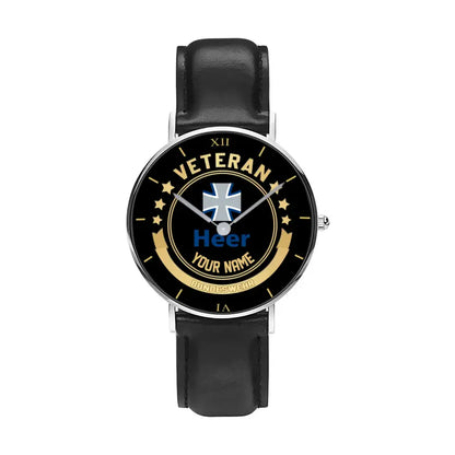 Personalized Germany Soldier/ Veteran With Name Black Stitched Leather Watch - 1103240001 - Gold Version