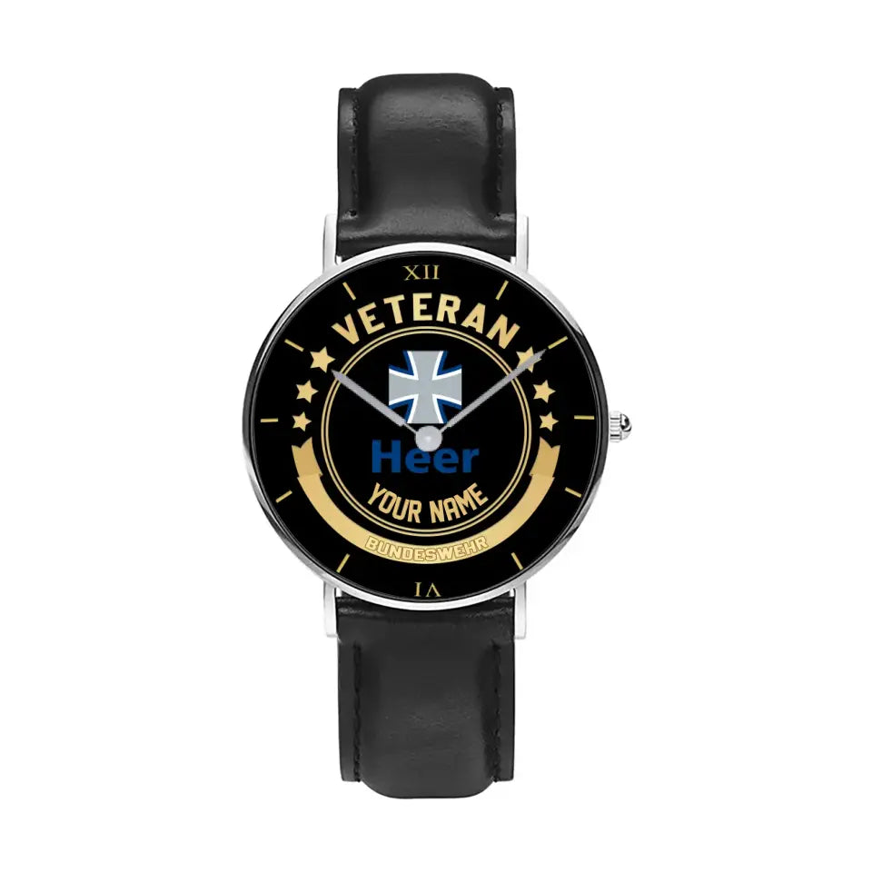 Personalized Germany Soldier/ Veteran With Name Black Stitched Leather Watch - 17101152 - Gold Version