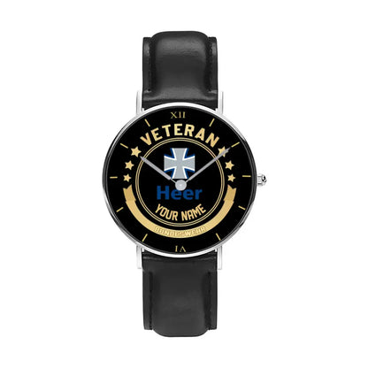 Personalized Germany Soldier/ Veteran With Name Black Stitched Leather Watch - 17101152 - Gold Version