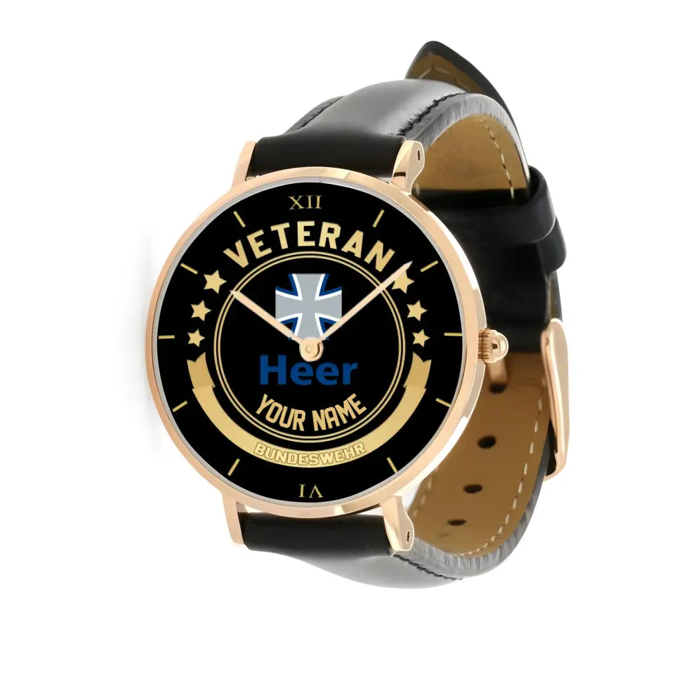 Personalized Germany Soldier/ Veteran With Name Black Stitched Leather Watch - 17101152 - Gold Version