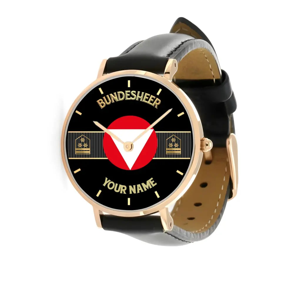 Personalized Austrian Soldier/ Veteran With Name And Rank Black Stitched Leather Watch - 17097696 - Gold Version