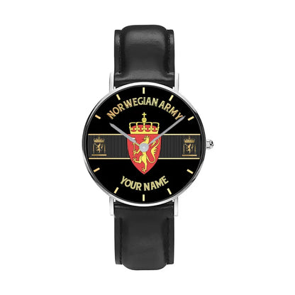 Personalized Norway Soldier/ Veteran With Name And Rank Black Stitched Leather Watch - 17097696 - Gold Version
