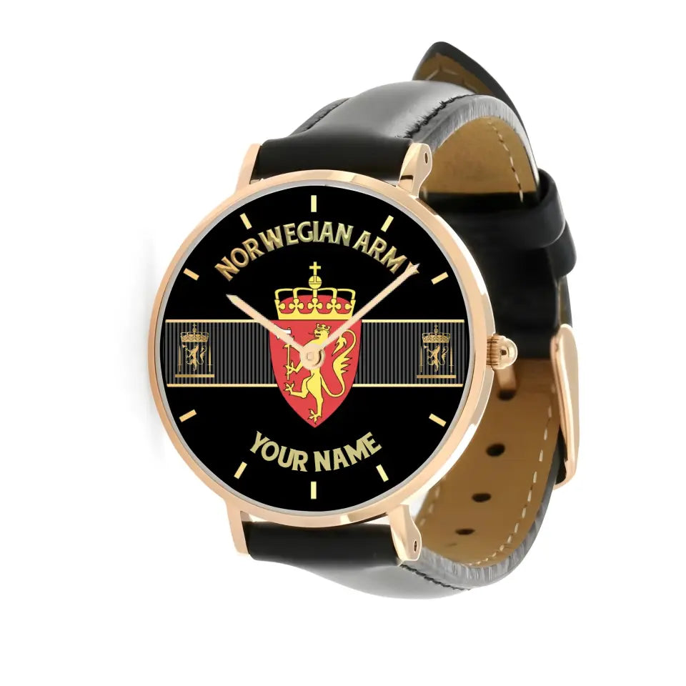 Personalized Norway Soldier/ Veteran With Name And Rank Black Stitched Leather Watch - 17097696 - Gold Version