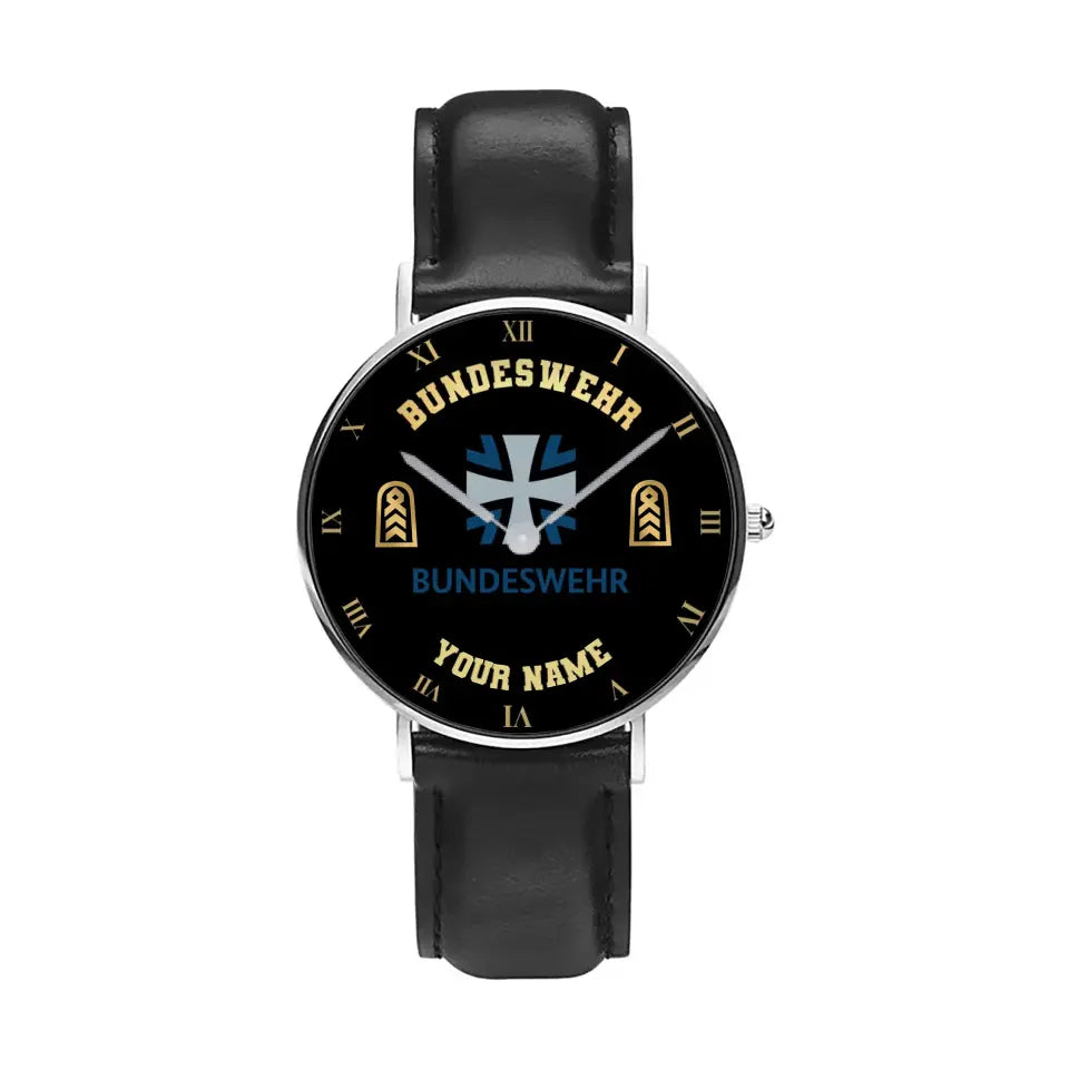 Personalized Germany Soldier/ Veteran With Name And Rank Black Stitched Leather Watch - 0803240001 - Gold Version