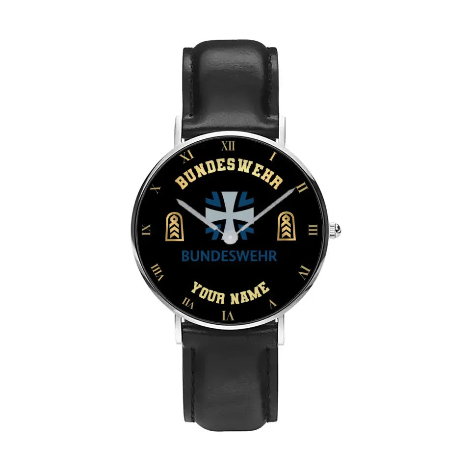 Personalized Germany Soldier/ Veteran With Name And Rank Black Stitched Leather Watch - 17098560 - Gold Version