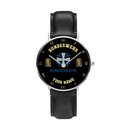 Personalized Germany Soldier/ Veteran With Name And Rank Black Stitched Leather Watch - 17098560 - Gold Version