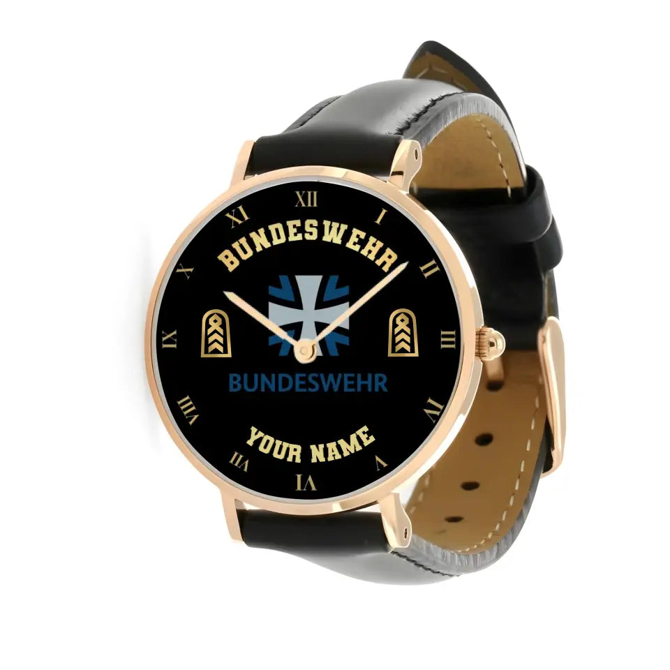 Personalized Germany Soldier/ Veteran With Name And Rank Black Stitched Leather Watch - 17098560 - Gold Version