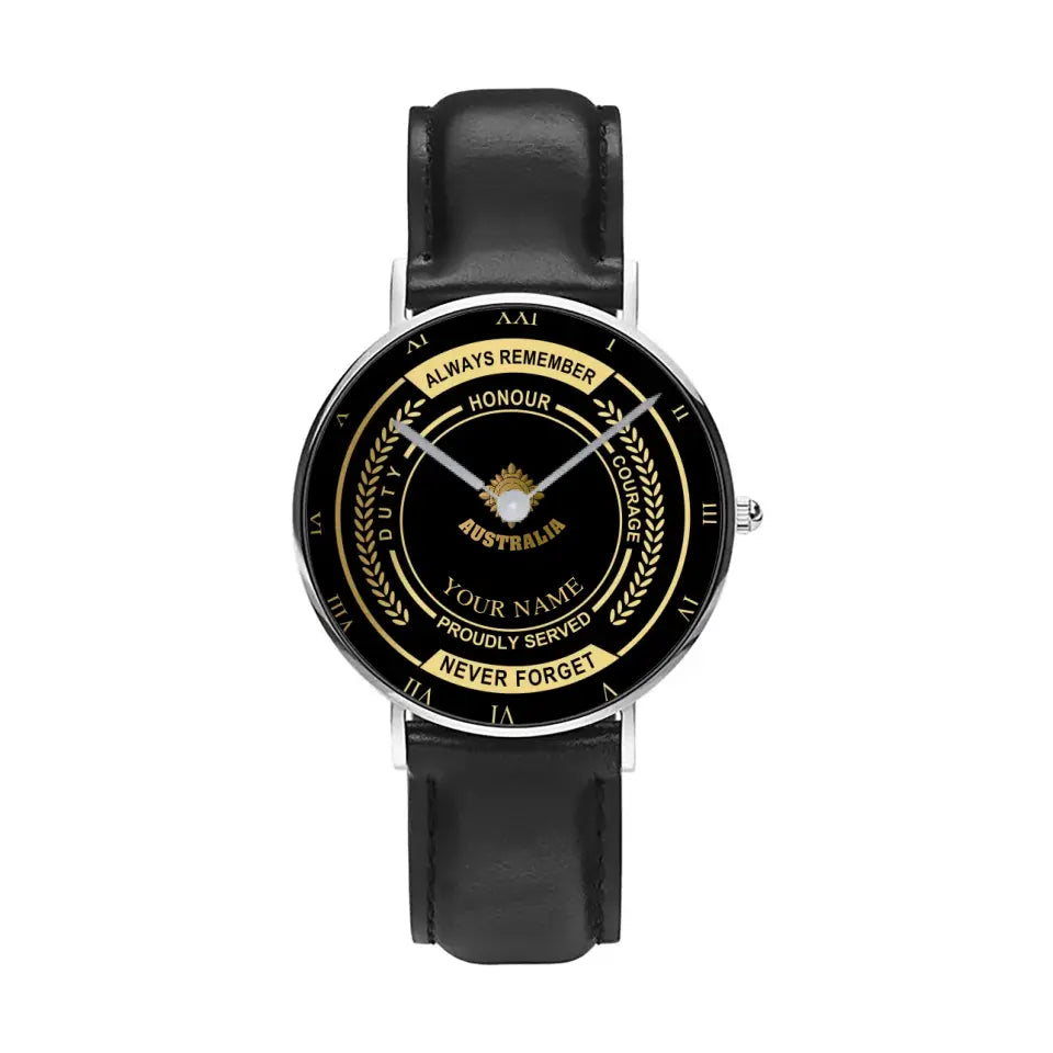 Personalisierte australische Soldat/Veteran mit Namen und Rang schwarze Edelstahluhr - 0603240002 - Goldversion