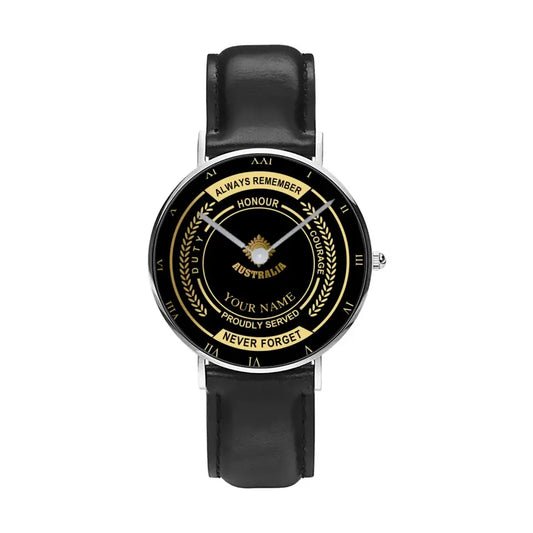 Montre personnalisée en acier inoxydable noir pour soldat/vétéran australien avec nom et grade - 0603240002 - Version dorée