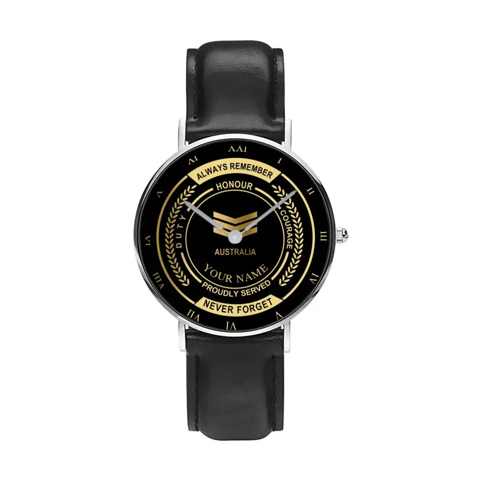 Personalisierte australische Soldat/Veteran mit Namen und Rang schwarze Edelstahluhr - 0603240002 - Goldversion