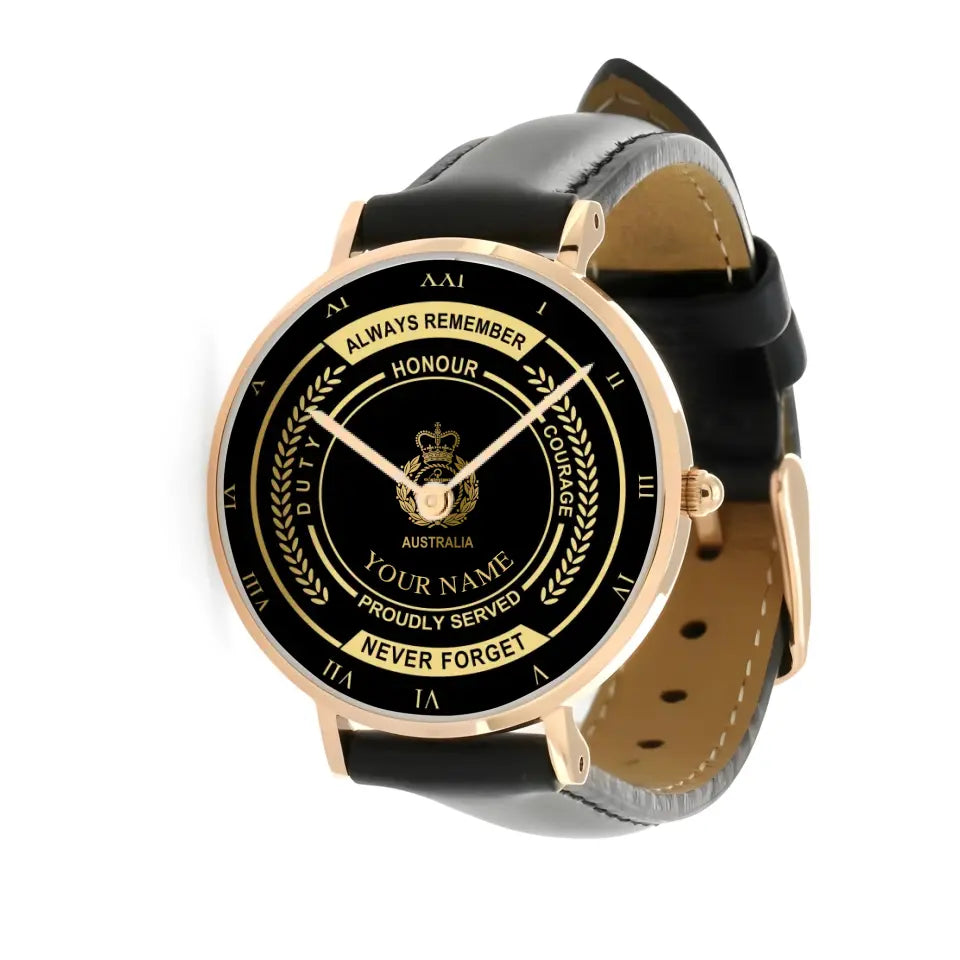 Personalisierte australische Soldat/Veteran mit Namen und Rang schwarze Edelstahluhr - 0603240002 - Goldversion