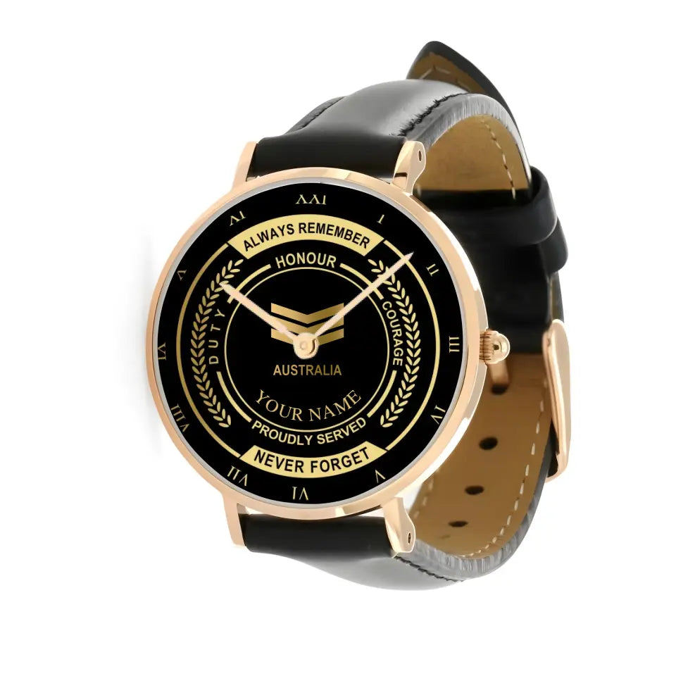 Personalisierte australische Soldat/Veteran mit Namen und Rang schwarze Edelstahluhr - 0603240002 - Goldversion