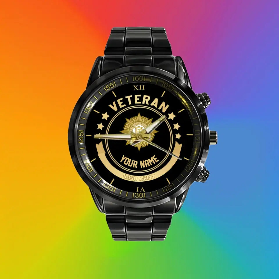 Personalized Ireland Soldier/ Veteran With Name Black Stainless Steel Watch - 17101152 - Gold Version