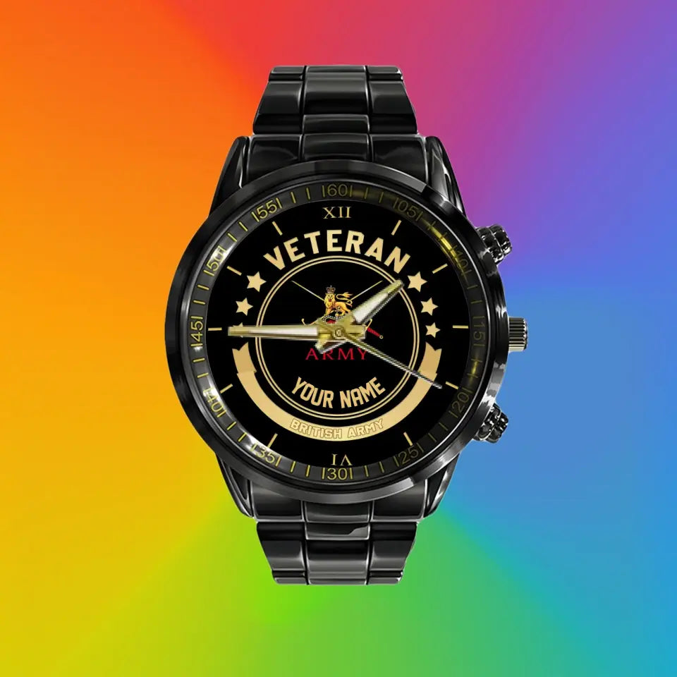 Personalized UK Soldier/ Veteran With Name Black Stainless Steel Watch - 17101152 - Gold Version