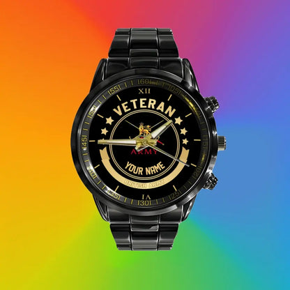 Personalized UK Soldier/ Veteran With Name Black Stainless Steel Watch - 17101152 - Gold Version
