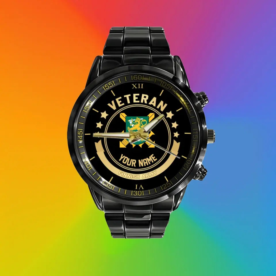 Personalized Finland Soldier/ Veteran With Name Black Stainless Steel Watch - 1103240001 - Gold Version