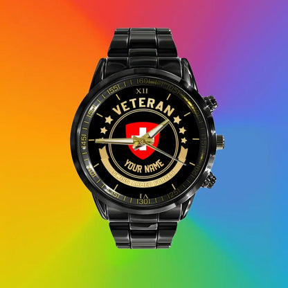 Personalized Swiss Soldier/ Veteran With Name Black Stainless Steel Watch - 17101152 - Gold Version