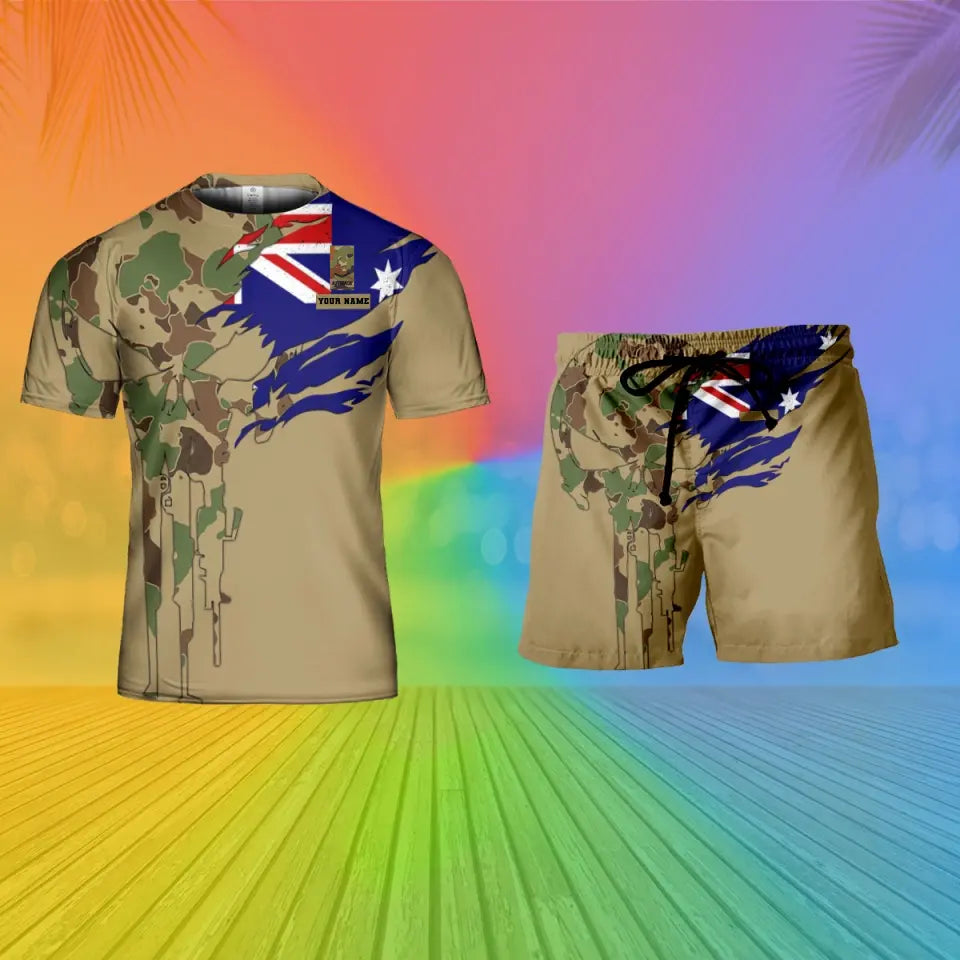 Personalized Australian Soldier/ Veteran Camo With Name And Rank Combo T-Shirt + Short 3D Printed