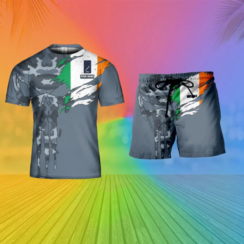 Personalized Ireland Soldier/ Veteran Camo With Name And Rank Combo T-Shirt + Short 3D Printed