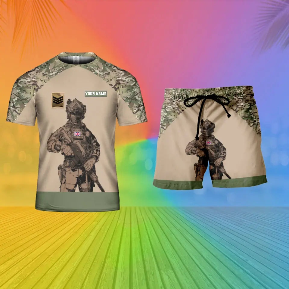 Personalized UK Soldier/ Veteran Camo With Name And Rank Combo T-Shirt + Short 3D Printed  - 17104608